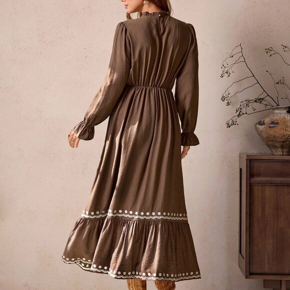 Coffee Brown Party Women's Frill Maxi Dress - Picture 2 of 7